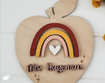 Personalized Rainbow Apple Teacher Door Hanger | Custom Name Sign