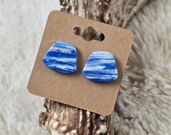 Kansas City Baseball Inspired Stud Earrings | KC Blue and White Marble Studs | Royal Blue Marbled Clay Earrings with Gold Flake KC Fan Gift