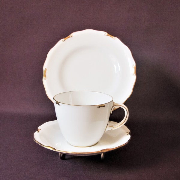 Vintage Royal Crown Derby Tea Cup Trio, Tea Cup, Saucer, Plate, Regency Pattern No. A 1075, White Porcelain with Gold Details, c.1952 - 1964