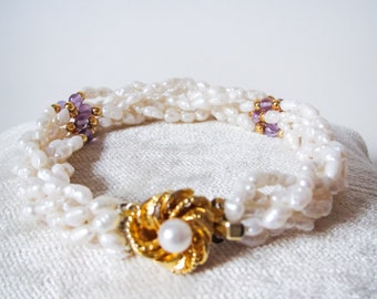 Pearl Twist Strand Bracelet, 8” long, Freshwater Pearls, Amethyst Beads, Gold-tone Beads, Vintage Bracelet, Gift Ideas.