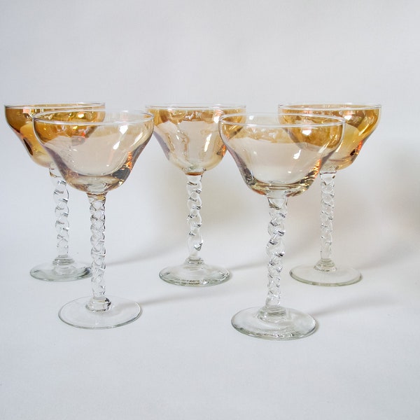 Vintage Gold Lustre Champagne Coupe / Cocktail Glasses, Set of 5, Clear Glass Twisted stem, Mid Century Handmade Glassware c.1960's
