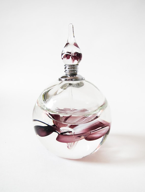 Hand Crafted Glass Perfume Bottle with Flower Inclusions, Vintage Glassware c.1980's