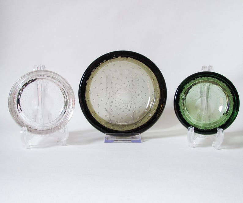 choice of 3 Whitefriars glass bowls, flint colour, ocean green colour or clear glass. Controlled air bubble design pattern number 9099 circa 1960s