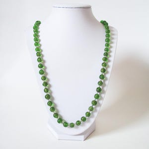 Vintage necklace, long length, green glass beads, clear spacer beads, screw clasp c.1960’s