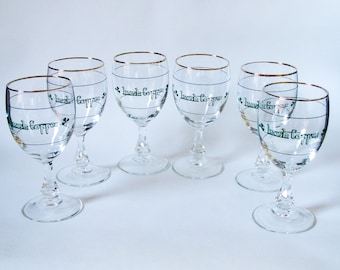 Vintage Irish Coffee Glasses, Set of 6, Gold Rims, Celtic Style Writing, Shamrocks, Shaped stems, Cristal D'arques , Made in France c.1980's