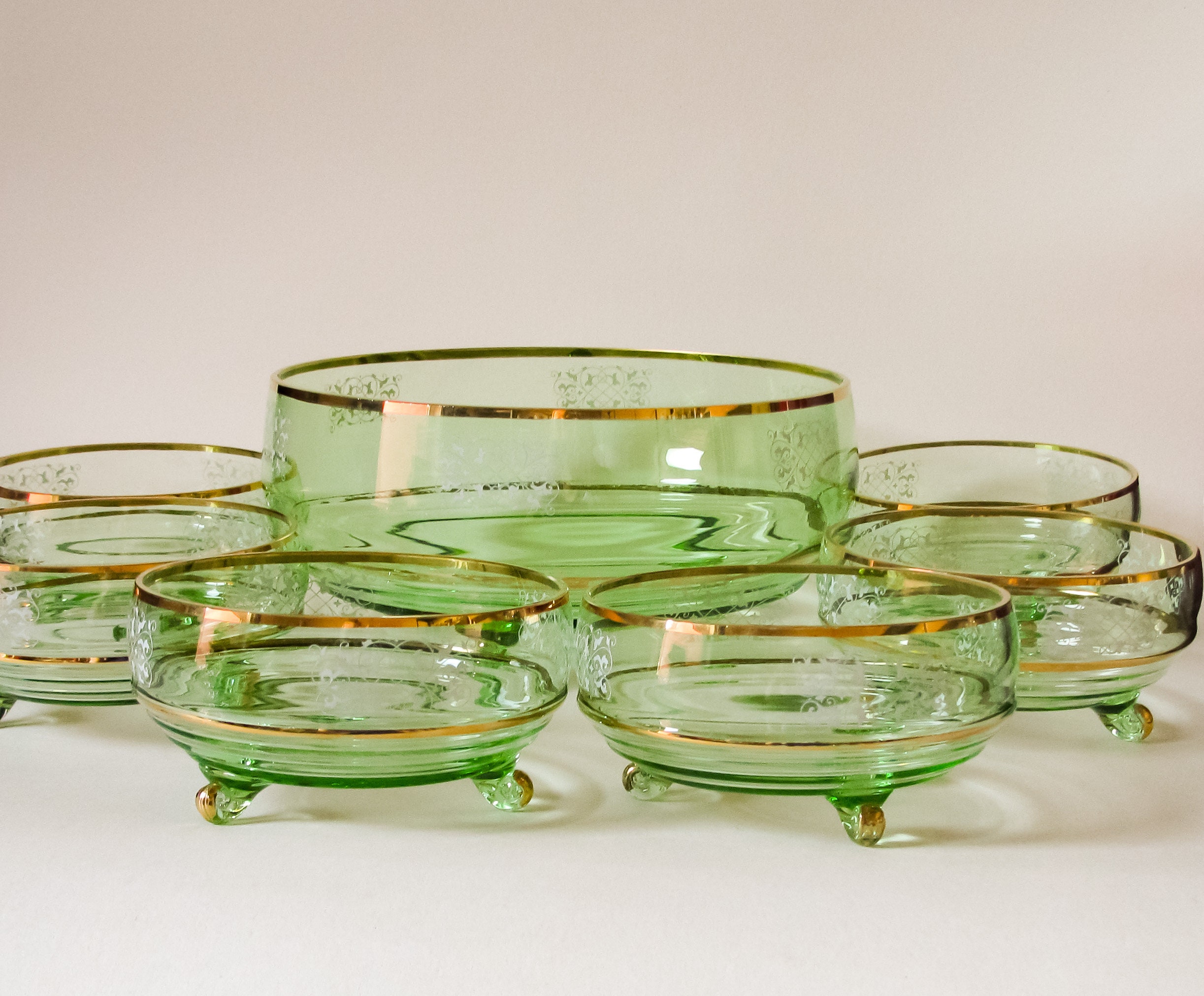vintage-green-glass-dessert-dishes-set-of-7-scroll-feet-etsy