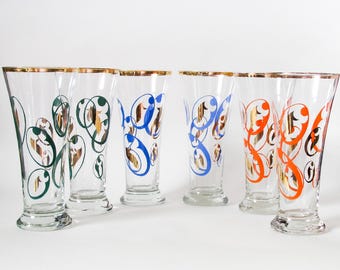 Set of 6 Beer Lager Pilsner Glasses, Atomic Design, Mid Century Glassware