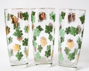 Vintage Tall Tumbler Glasses, set of 3, Grape Leaf Design c.1960’s
