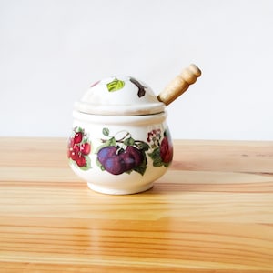 A Portmeirion Mustard Pot / Condiment Pot With Lid And Wooden Spoon, Pomona Design.