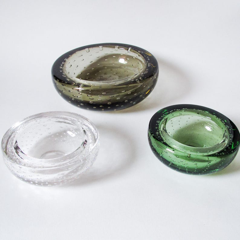 3 Whitefriars Glass bowls, flint colour, ocean green colour and clear glass, controlled bubble design, pattern 9099 circa 1960s
