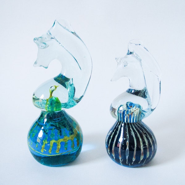 2 Mdina Glass Seahorses, 2 sizes, Handmade Studio Art Glass, Blue and Green Glass, Collectable Maltese Glass, Made in Malta c.1990's