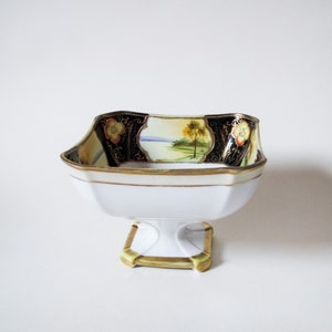 Antique Noritake Porcelain Tazza: Hand-Painted Landscape & Floral, Gold Moriage, c.1908