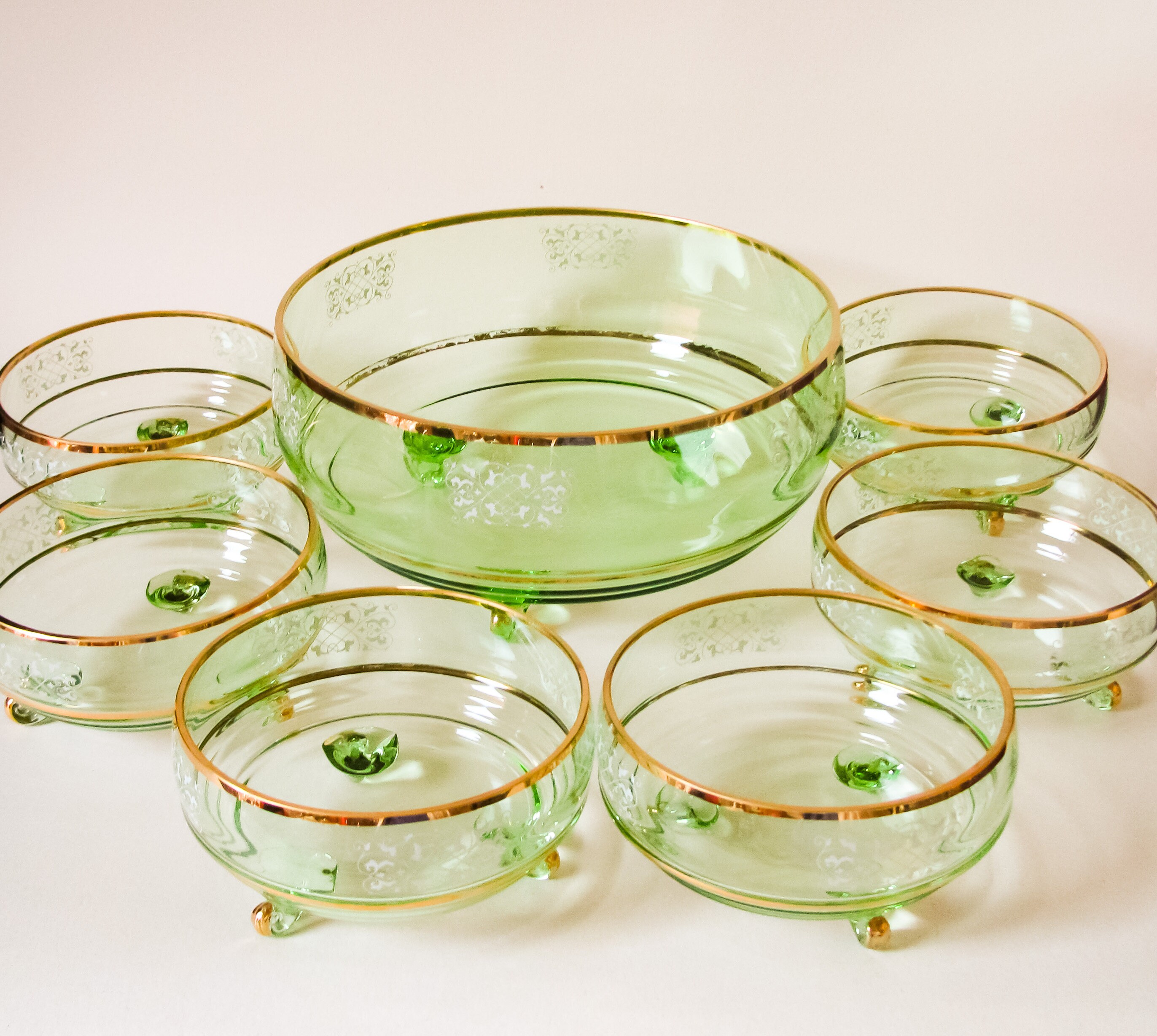 Vintage Green Glass Dessert Dishes Set of 7 Scroll Feet Etsy
