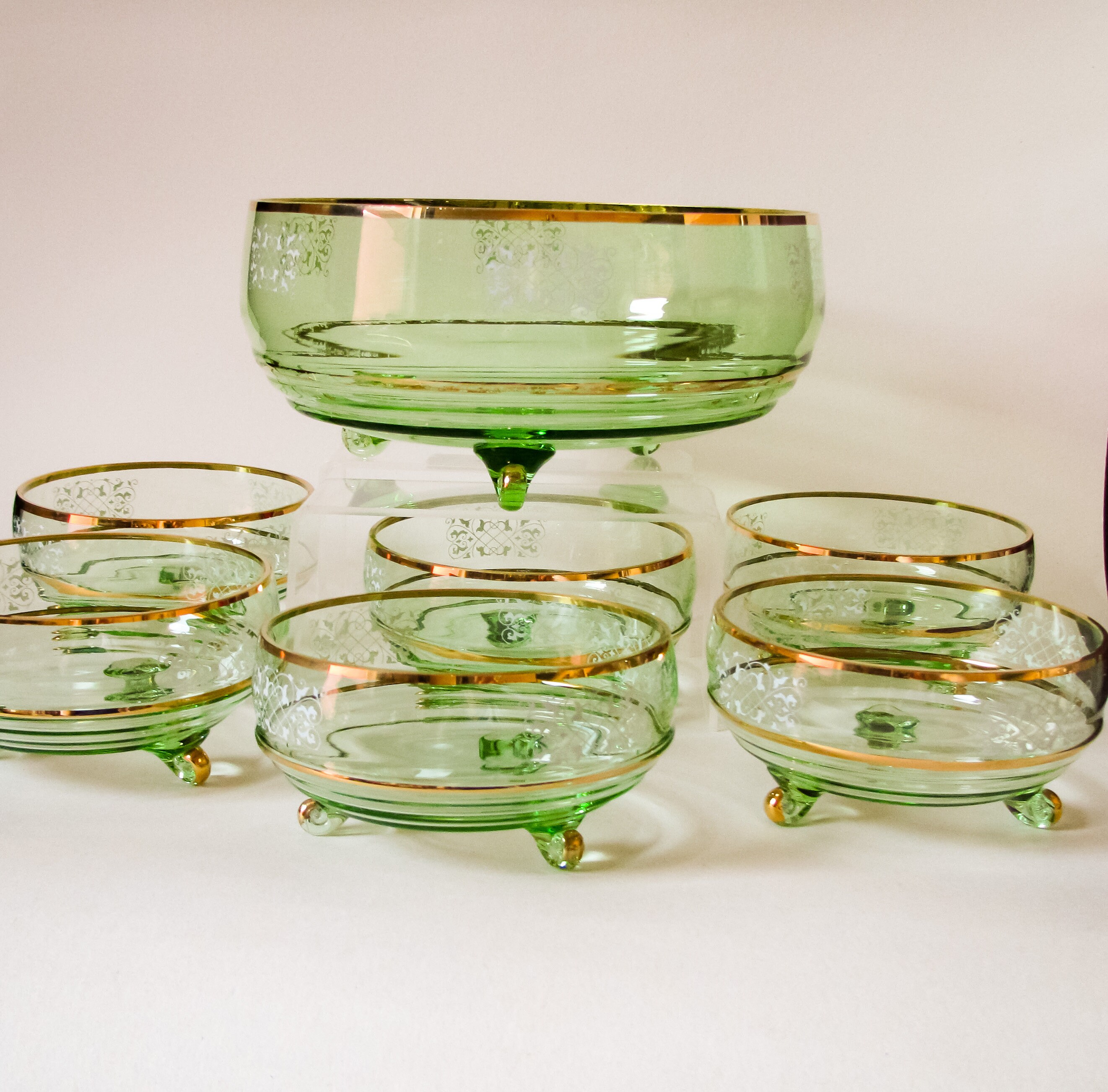 Vintage Green Glass Dessert Dishes Set of 7 Scroll Feet Etsy