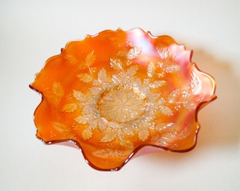 Fenton Carnival Glass Shallow Bowl, Marigold Glass, Leaves and Berries pattern, Vintage Tableware, Home Decor, Collectable Glass, c.1930's
