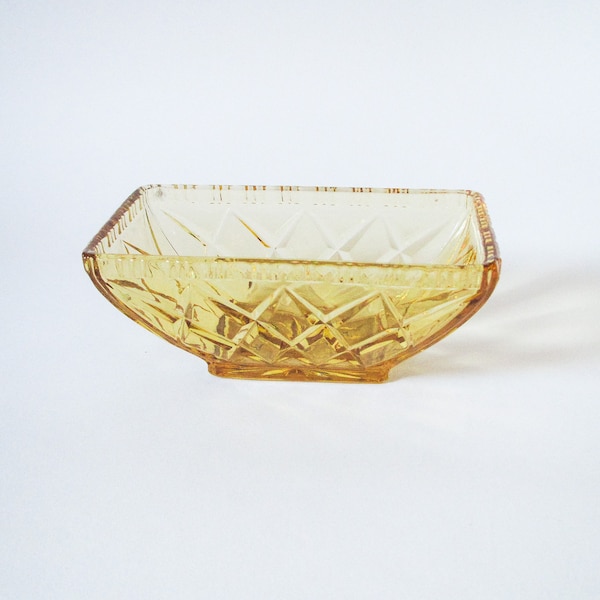 1930's Sowerby Glass Rectangle Bowl, Golden Amber Pressed Moulded Glass, Early 20th Century, Art Deco Collectable Glass.