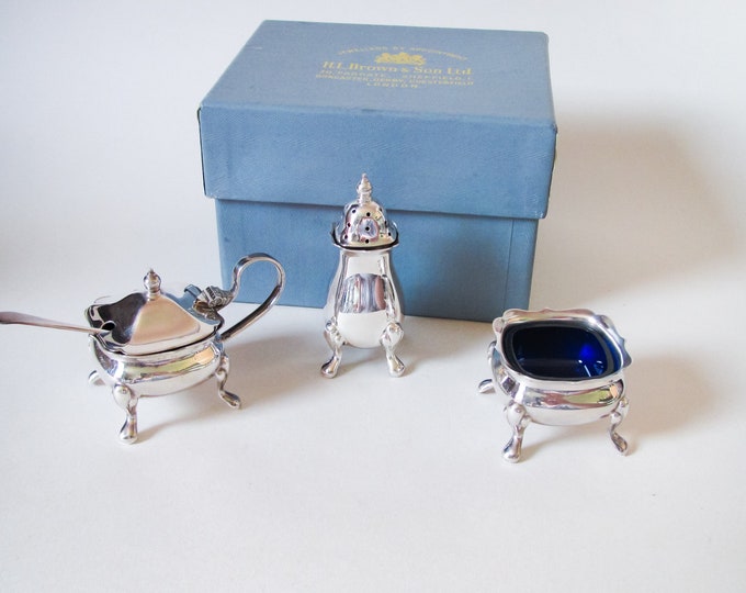 Vintage Cruet Set, Condiment Set, Silver Plated With Blue Glass Liners