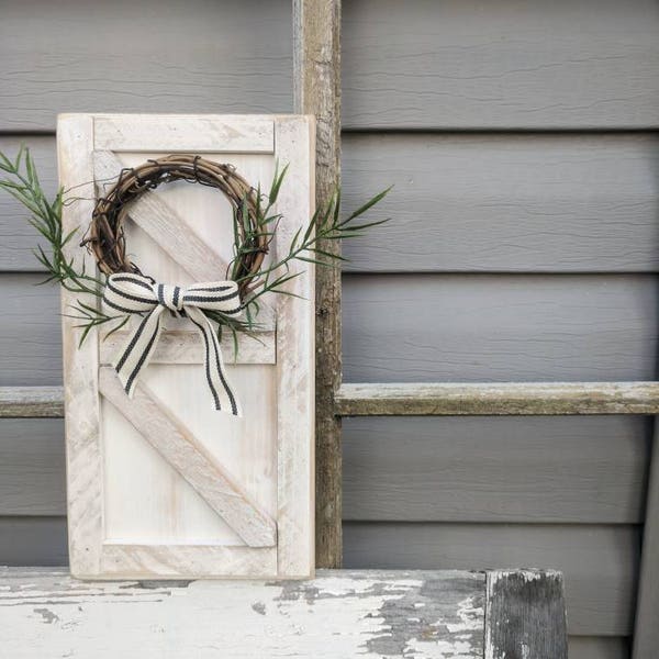 Rustic farmhouse inspired mini barn door WITH ATTACHED WREATH