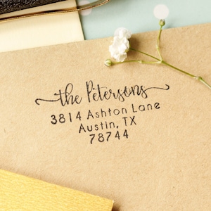 Custom rubber address stamps, self-inking address stamp handle, custom name address stamp, decorative envelope stamps, elegant address stamp