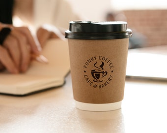 May include: A brown paper coffee cup with a black lid. The cup has a logo that says "Funky Coffee Cafe & Bakery" with a stylized image of a coffee cup with steam coming from it.