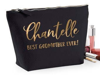 Gift for godmother - personalised makeup bag - with white, gold, silver, rose gold or black name, "best godmother ever" underneath