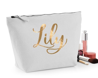 Personalised gift for her - grey, navy or pink, custom makeup bag, with gold, silver or white lettering, perfect gift for women