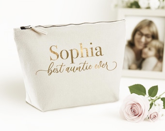 Personalised Auntie Makeup Bag: Custom Name Cotton Canvas Travel Pouch