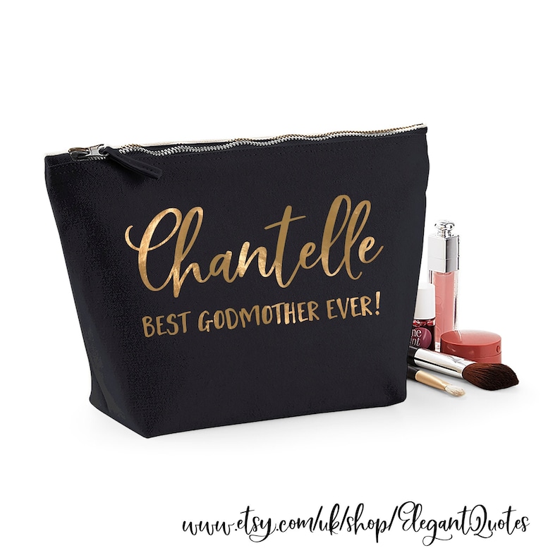 Cadeau pour marraine trousse de maquillage personnalisée avec nom blanc, or, argent, or rose ou noir, meilleure marraine de tous les temps en dessous image 1