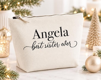Kosmetiktasche „Beste Schwester aller Zeiten“: Kosmetiktasche aus Baumwoll-Canvas mit Metallic-Vinyl-Besatz