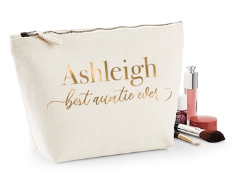 Auntie gift - personalised makeup bag - with white, gold, silver, rose gold or black name, "best auntie ever" underneath