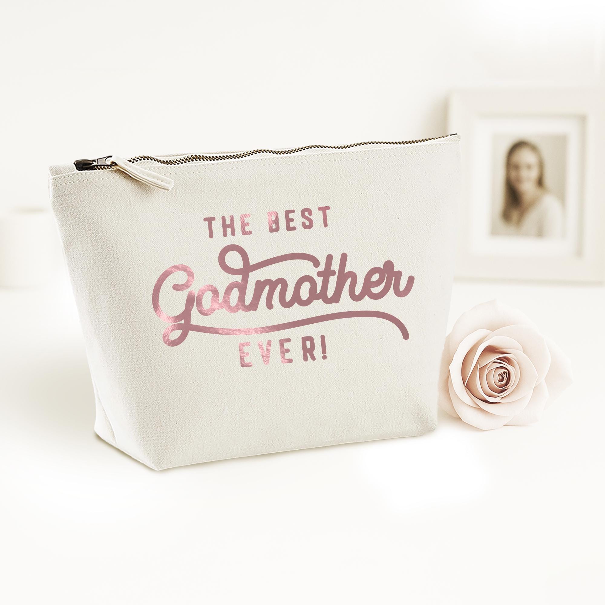 Best Godmother Ever Makeup Bag: Cotton Canvas Cosmetic Pouch with Metallic Vinyl