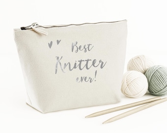 Best Knitter Ever Makeup Bag: Cotton Canvas Cosmetic Pouch with Metallic Vinyl