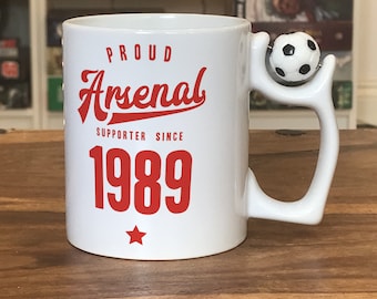Personalised Arsenal Supporter Mug: Football Handle, Custom Year Gift