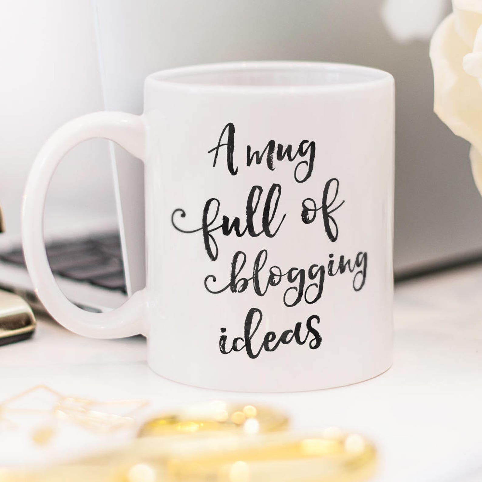 Blogger mug with text "A mug full of blogging ideas"