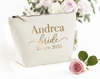 Personalised Bride Makeup Bag: Cotton Canvas Cosmetic Travel Pouch with Metallic Vinyl
