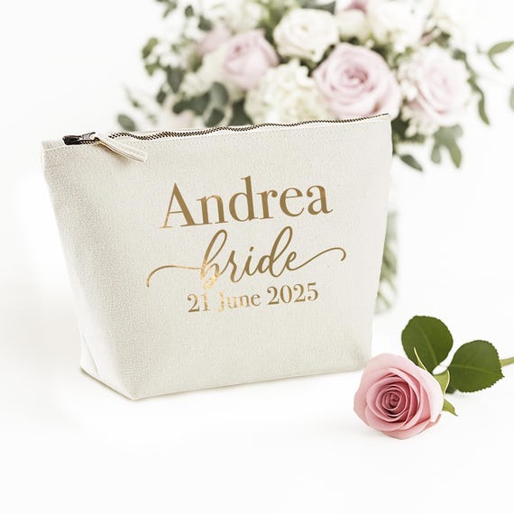 Personalised Bride Makeup Bag: Cotton Canvas Cosmetic Travel Pouch with Metallic Vinyl