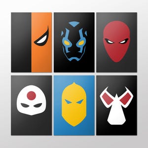 DC Comics Postkarten-Kunstdruck-Pack | 6er-Set | Deathstroke, Blue Beetle, Red Hood, Katana, Doctor Fate und Bane Minimalistische Superhelden Designs