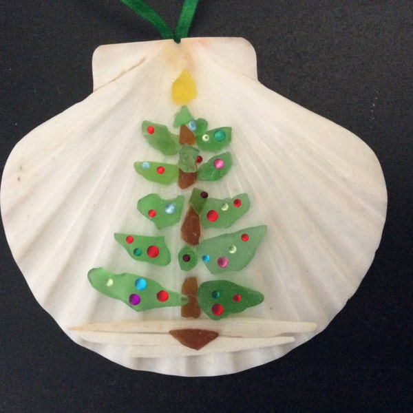 Christmas sea glass tree on scallop shell with colored lights