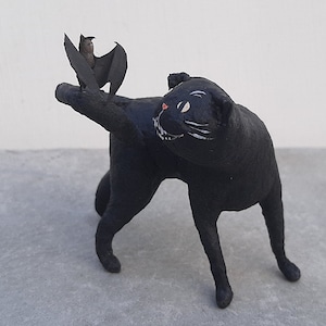 Spun Cotton Halloween Ornament Black Cat playing with the Bat. Modern Art Work