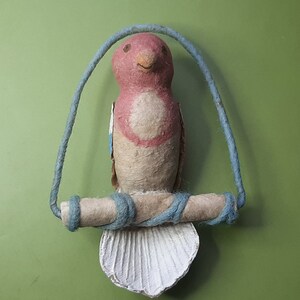 Enfeite de Natal de árvore de penas alemãs vintage antigo, asas e cauda de papelão de pássaro de algodão fiado Dresden