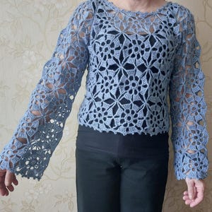 May include: A light blue crochet top with long sleeves. The top features an openwork floral pattern throughout the bodice and sleeves. The sleeves are long and fitted, and the neckline is a simple crew neck. The top is worn over a black garment.