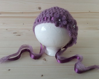 Mohair Newborn Hat, Newborn Girl Hat, Newborn Photo Prop, Infant Hat, Newborn Bonnet, Crochet Newborn Bonnet, Vintage Baby Hat, Baby Hat