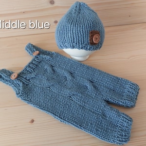 Knit Newborn Romper Set: Wool Baby Overalls & Hat, Photo Prop
