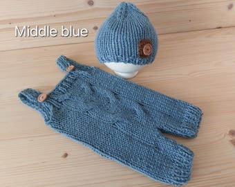 Knit Newborn Romper Set: Wool Baby Overalls & Hat, Photo Prop