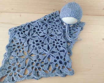Crochet Newborn Blanket & Hat Set: Angora Wool Baby Photo Prop