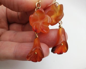 Antique Victorian 9ct gold and carved carnelian flower drop earrings c1900