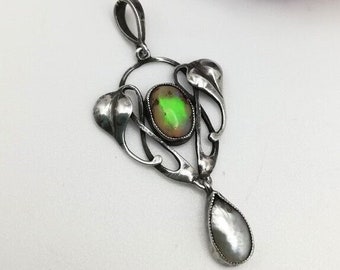 c1900 Arts and Crafts silver foliate pendant with opal and pearl -perhaps Glasgow School