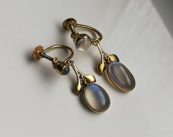 Liberty & Co c1910 rare antique Arts and Crafts 9ct gold foliate earrings with moonstones and original screw backs