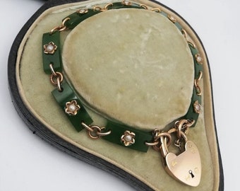 Victorian 1904 9ct gold, jade panels and seed pearls flower inset bracelet with heart padlock in own fitted box-fabulous!