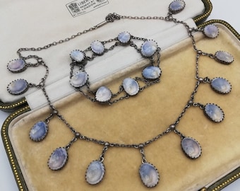 Victorian rare fringe necklace and bracelet demi-parure set in silver with operculum shell -wonderful pair!